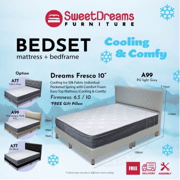 DREAMS FRESCO 10" ICE SILK COOLING FABRIC SPRING MATTRESS + BED FRAME | SET PACKAGE  A77 / A99 | Single / Super Single / Queen / King