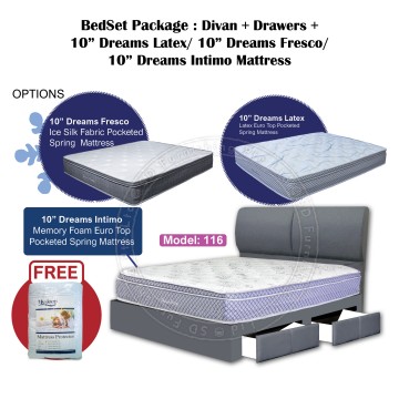 12" Bedframe with Drawer | Bedset Package | Bedframe + 10" Dreams Latex / 10" Dreams Fresco / 10" Dreams Intimo Mattress Bundle Package | Available in all 4 sizes