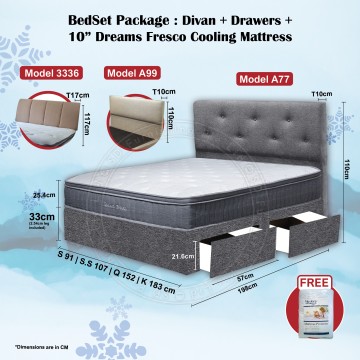 12" BEDFRAME WITH DRAWER | BEDSET PACKAGE | BEDFRAME + 10" DREAMS FRESCO MATTRESS BUNDLE PACKAGE | AVAILABLE IN ALL 4 SIZES